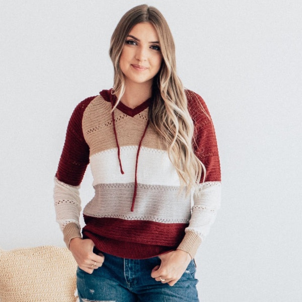 NEW Large Acrylic Color Block Sweater Burgundy/Tan/White/Gray